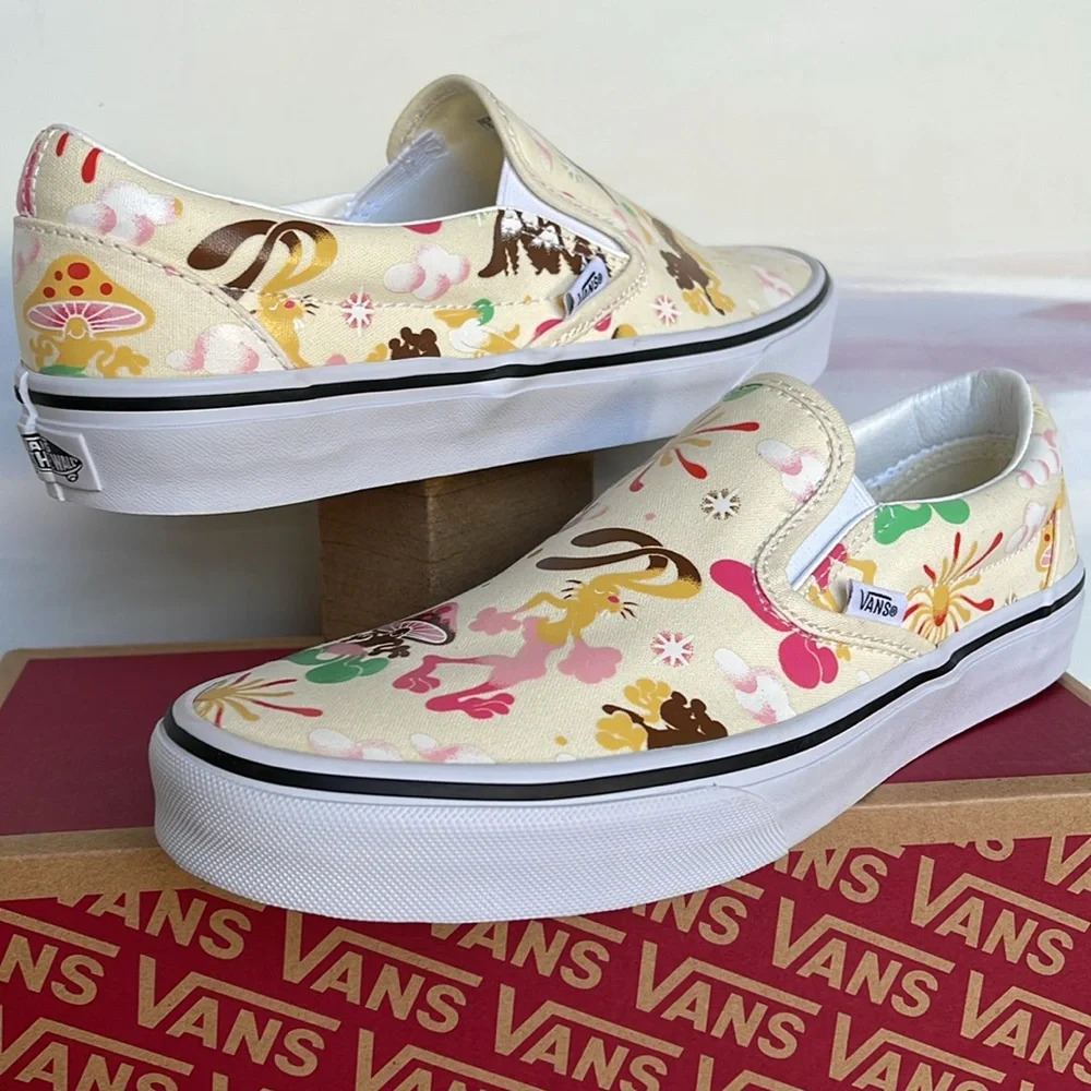 Vans Cream and Pink Patterned Slip-On Sneakers